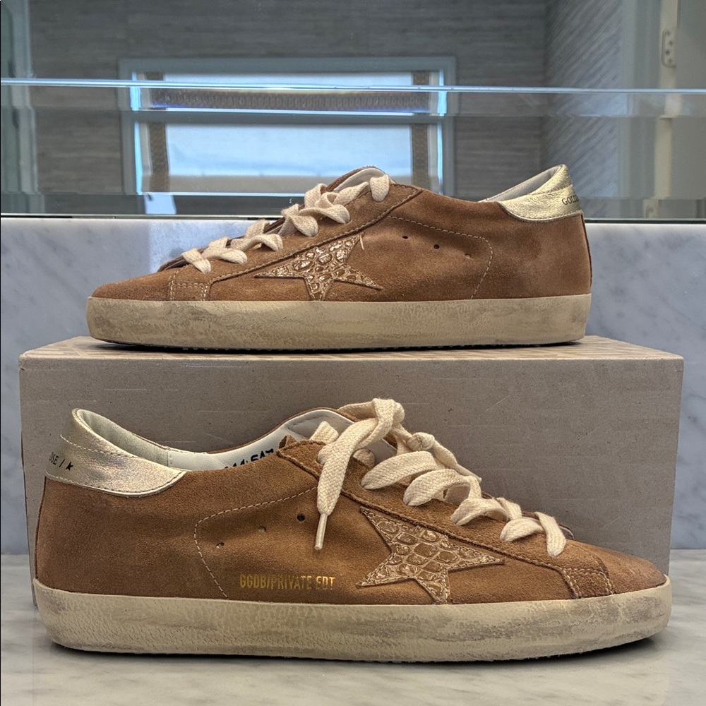 Golden Goose Tan and Gold Star Sneakers